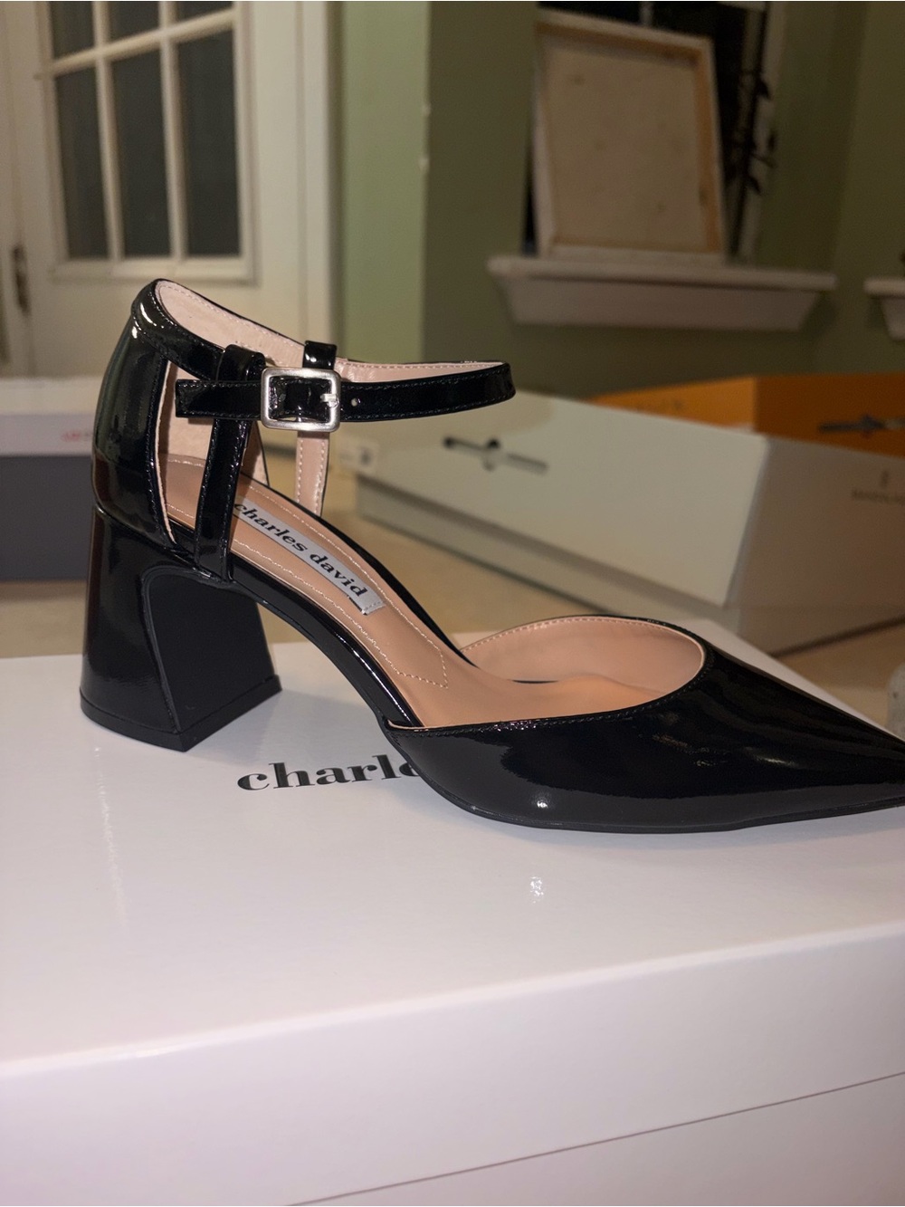 Charles David Black Patent Mary Jane Block Heel